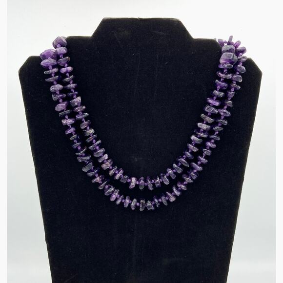 37" Genuine Amethyst Graduated Nugget Necklace Hand-Knotted Vintage Dark Boho - Picture 2 of 11